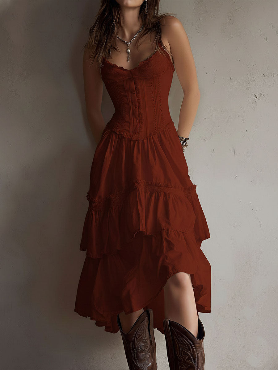 Retro Boho Corset Tiered Midi Dress With Lace-Trim