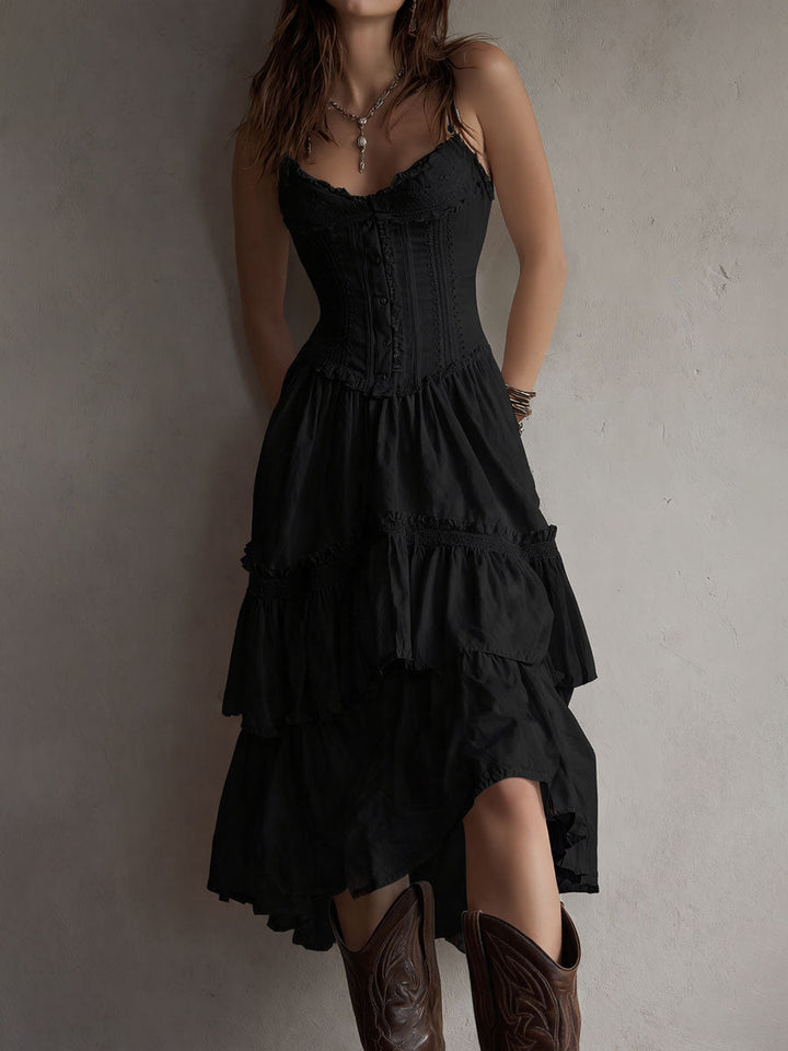 Retro Boho Corset Tiered Midi Dress With Lace-Trim
