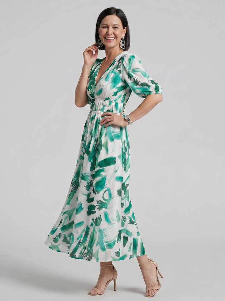 Candlia | Puff Sleeve V Neck Abstract Print Midi Dress