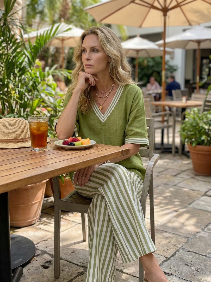 Wren | Contrast V Neck Tunic Stripe Trouser Set