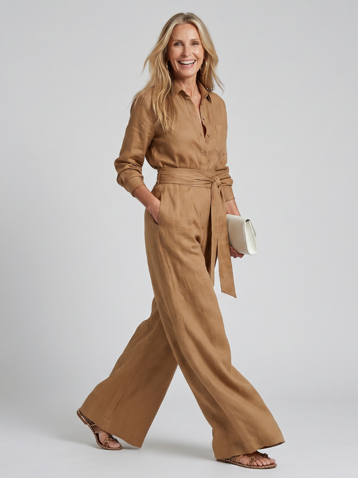 Jovie | Long Sleeve Button Front Wide Leg Jumpsuit
