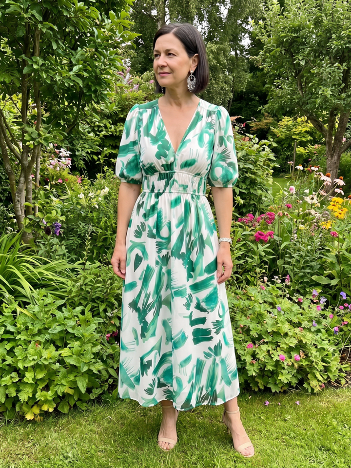 Candlia | Puff Sleeve V Neck Abstract Print Midi Dress
