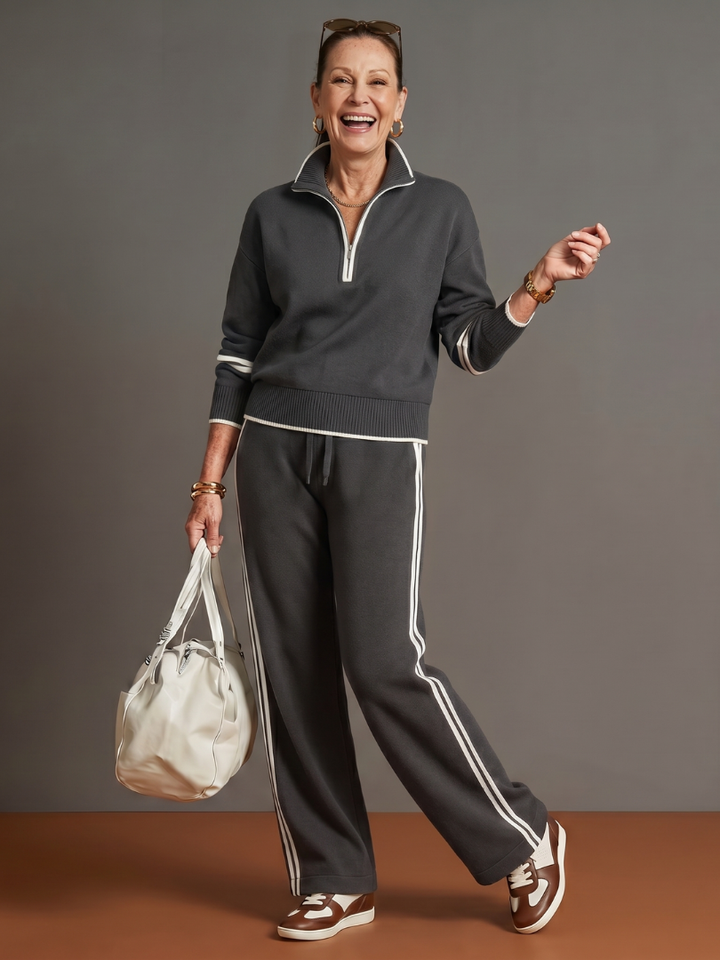 Rain | Zip Neck Long Sleeve Side Stripe Leg Pants Set