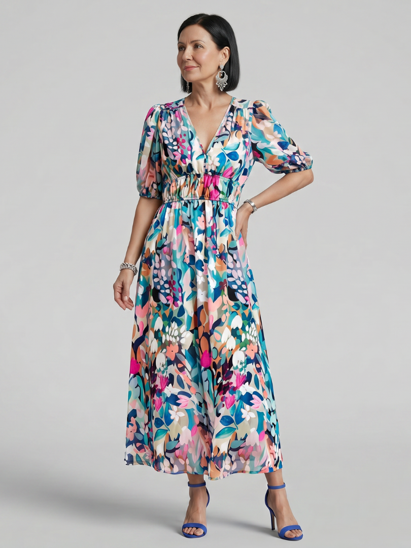 Candlia | Puff Sleeve V Neck Abstract Print Midi Dress