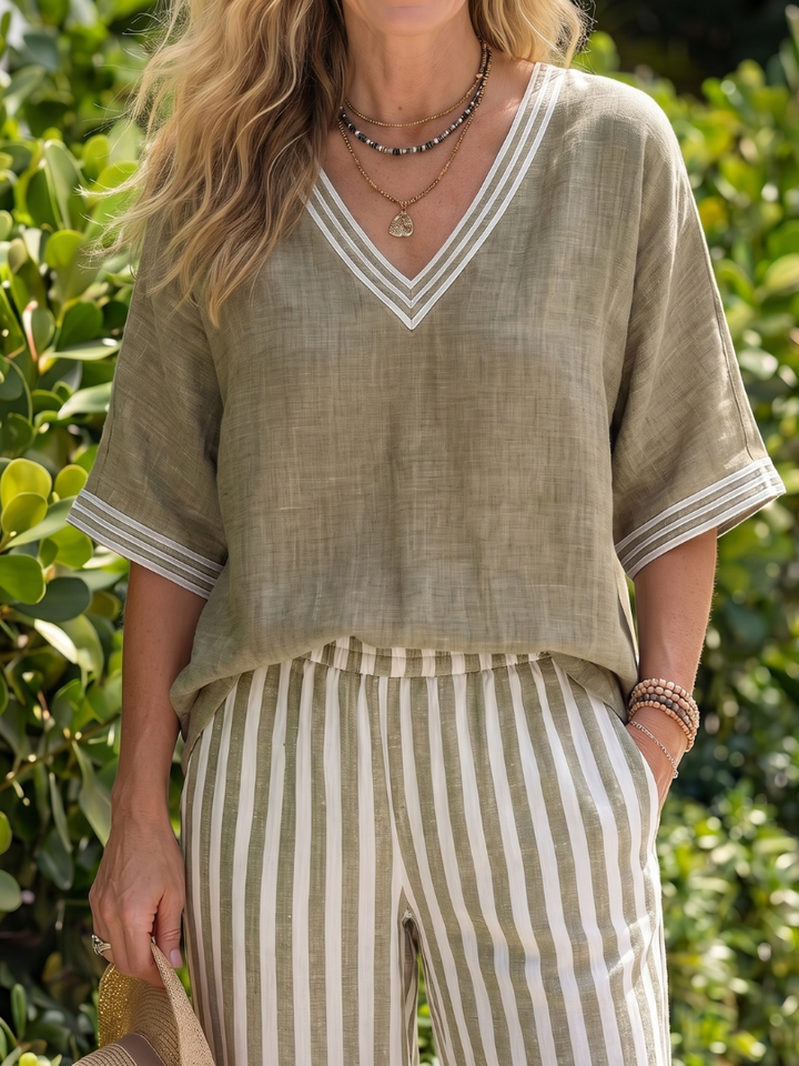 Wren | Contrast V Neck Tunic Stripe Trouser Set