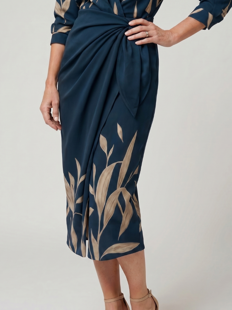 Leya | Long Sleeve Collared Wrap Stripe Pattern Midi Dress