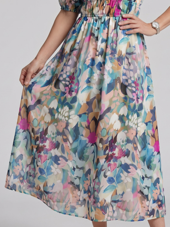 Candlia | Puff Sleeve V Neck Abstract Print Midi Dress