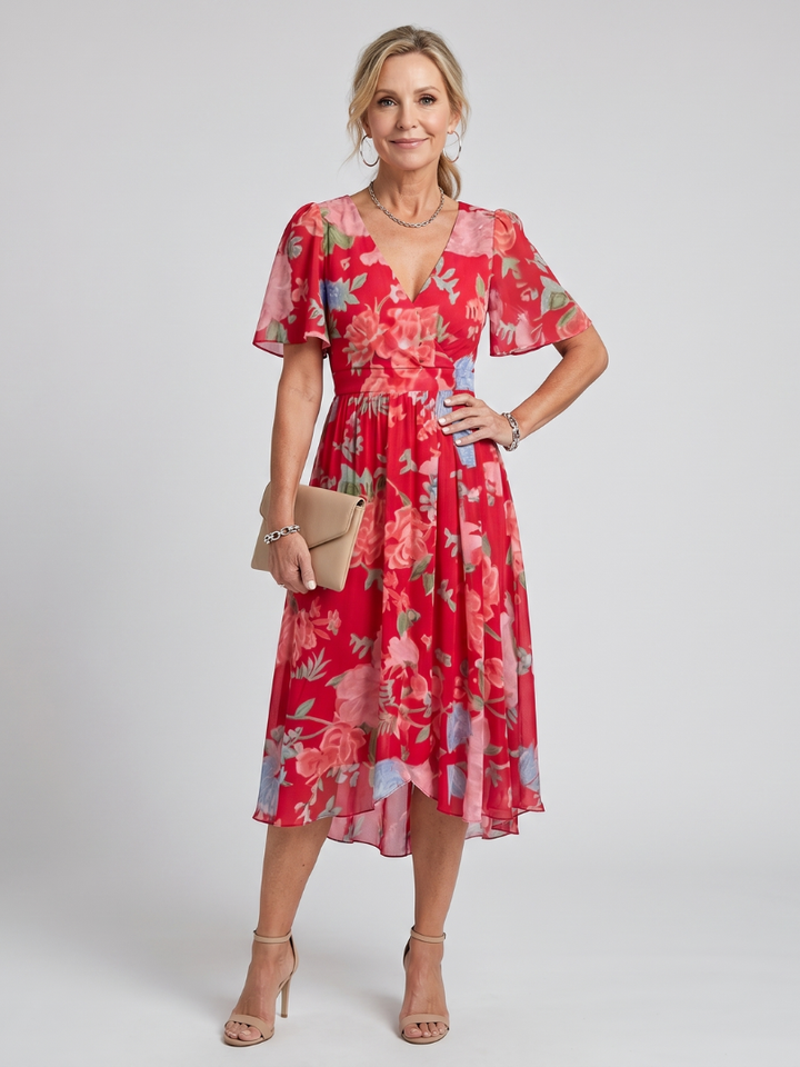 Mirabel | Flutter Sleeve Gathered Waist Floral Print Midi Dress