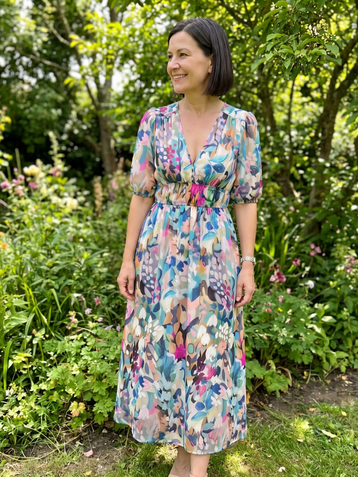 Candlia | Puff Sleeve V Neck Abstract Print Midi Dress