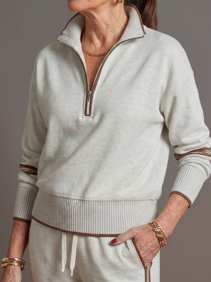 Rain | Zip Neck Long Sleeve Side Stripe Leg Pants Set