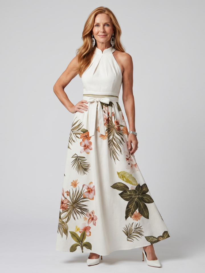 Meadow | Draped Halter Botanical Panel Maxi Dress