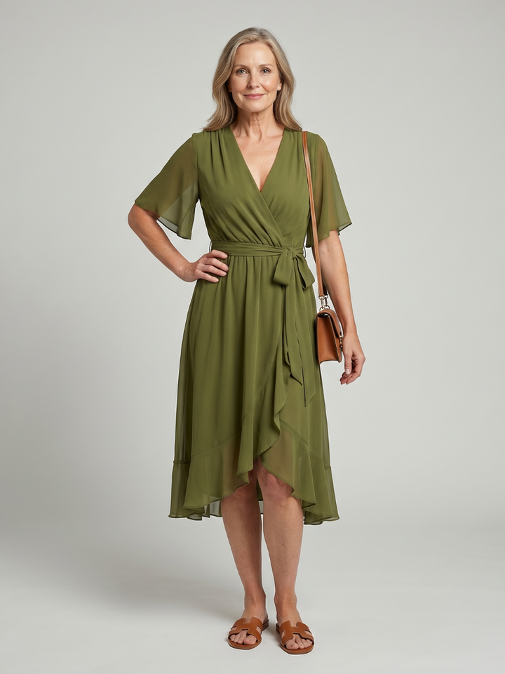 Keziah | Short Sleeve Wrap Soft Flowing Hem Midi Dress