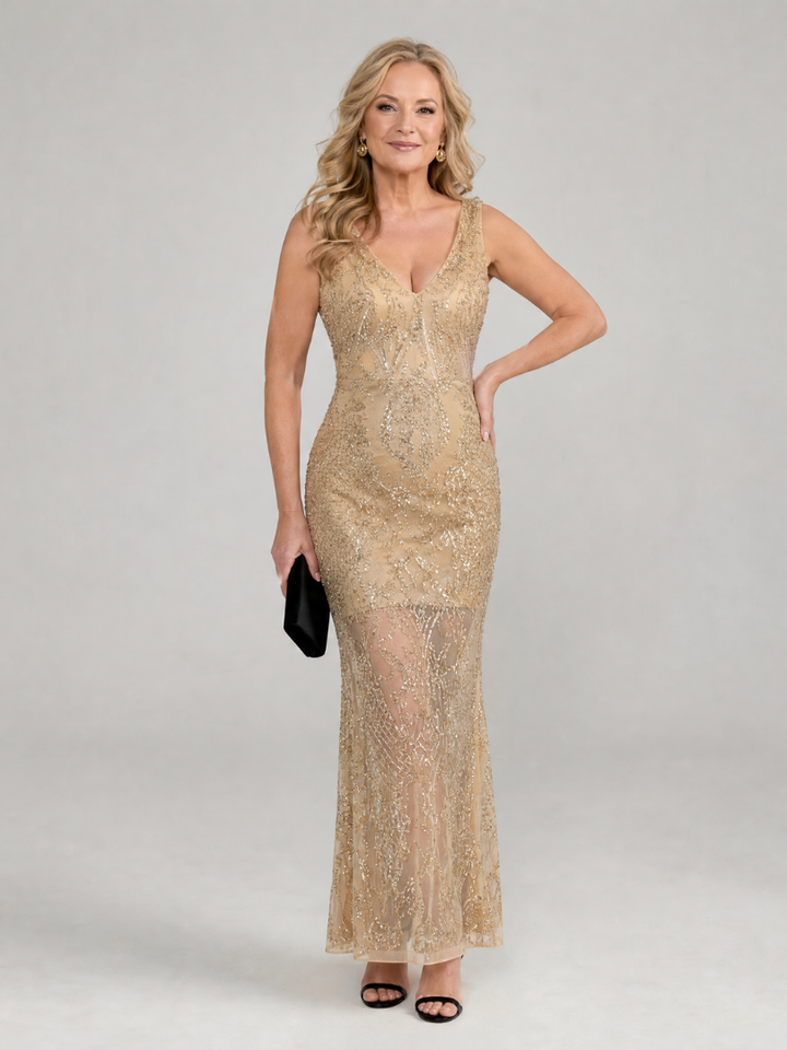 Sirea | Sequin Sleeveless Sheer Panel Midi Dress