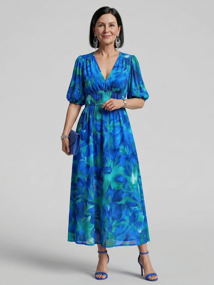 Candlia | Puff Sleeve V Neck Abstract Print Midi Dress