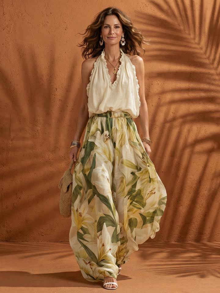 Solange | Halter Neck Blouse Floral Wide Leg Set