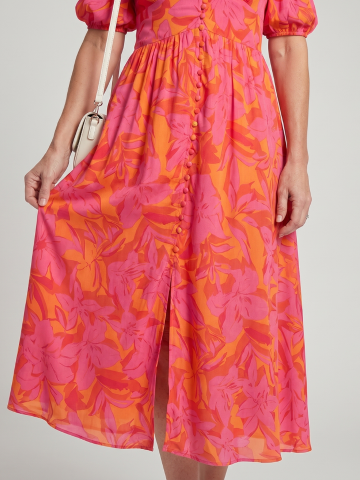 Zarelle | Puff Sleeve V Neck Bold Floral Print Midi Dress