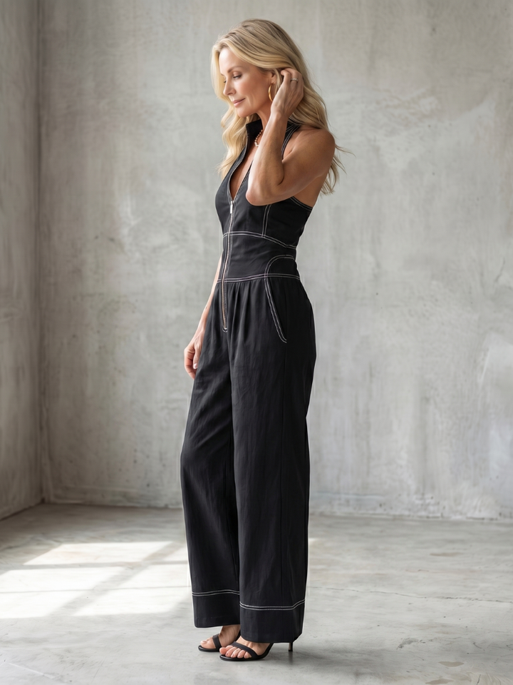 Dara | Zip Front Contrast Stitch Wide Leg Jumpsuit