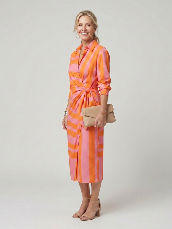 Leya | Long Sleeve Collared Wrap Stripe Pattern Midi Dress