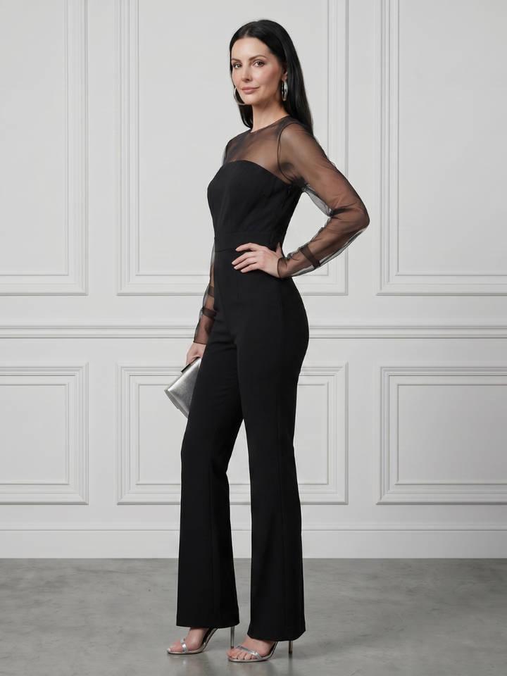 Oksana | Sheer Fitted Bodice Flared Leg Jumpsuit