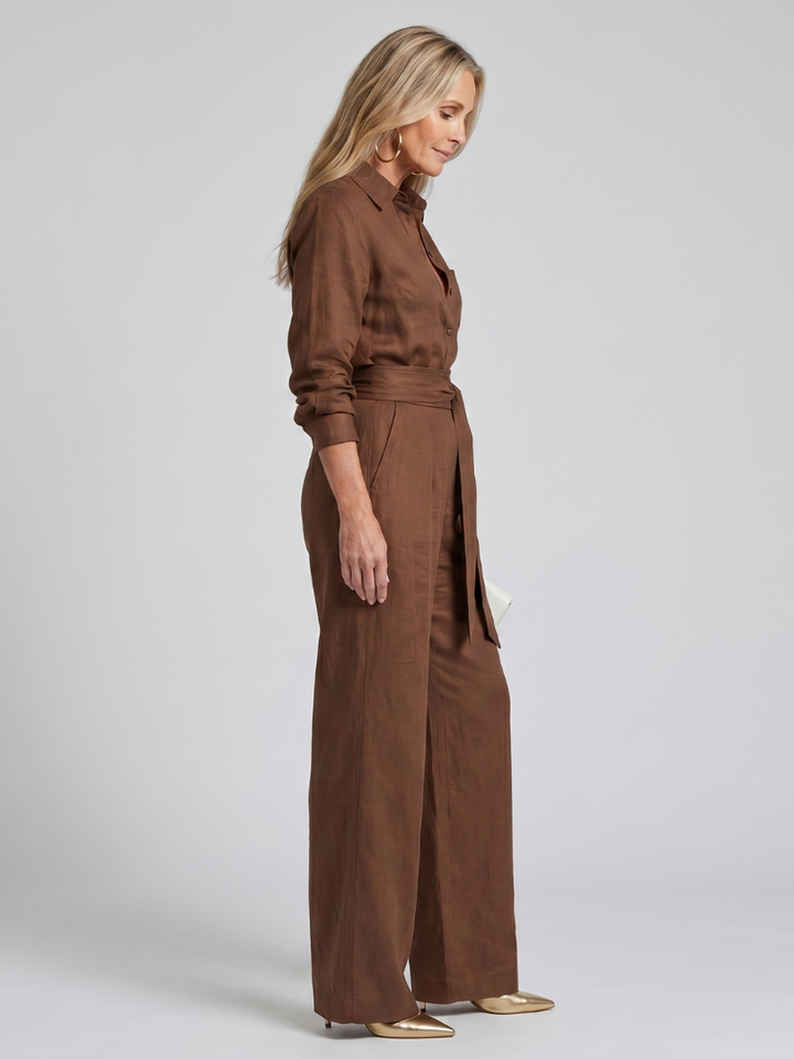 Jovie | Long Sleeve Button Front Wide Leg Jumpsuit