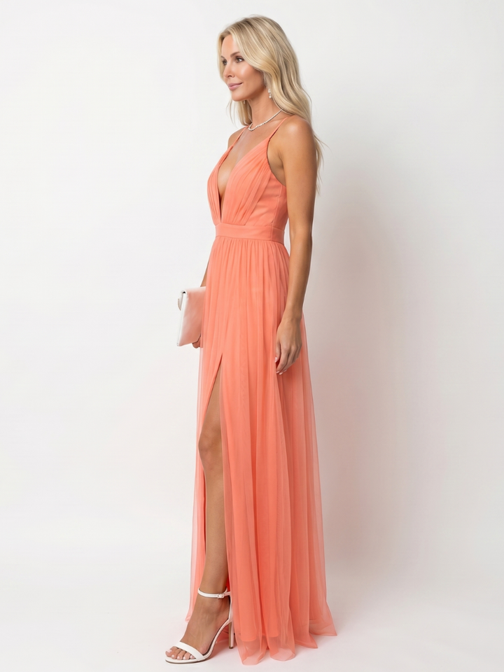 Tia | Deep V Strap Pleated Maxi Dress