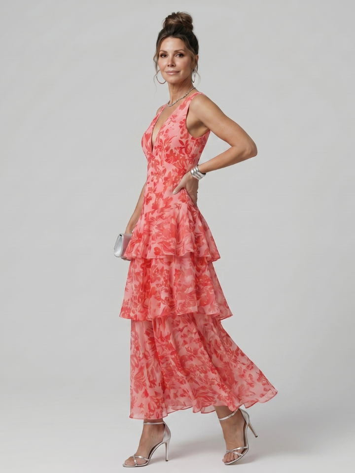 Gala | Deep V Sleeveless Painterly Pattern Midi Dress