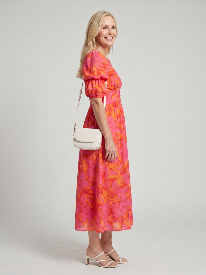 Zarelle | Puff Sleeve V Neck Bold Floral Print Midi Dress
