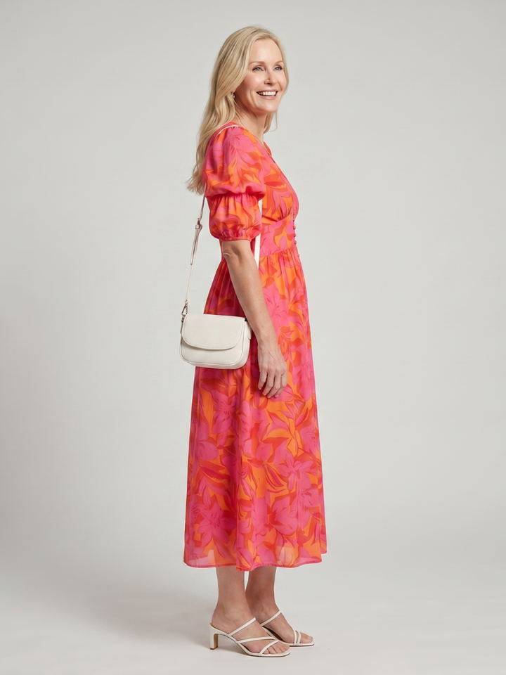 Zarelle | Puff Sleeve V Neck Bold Floral Print Midi Dress