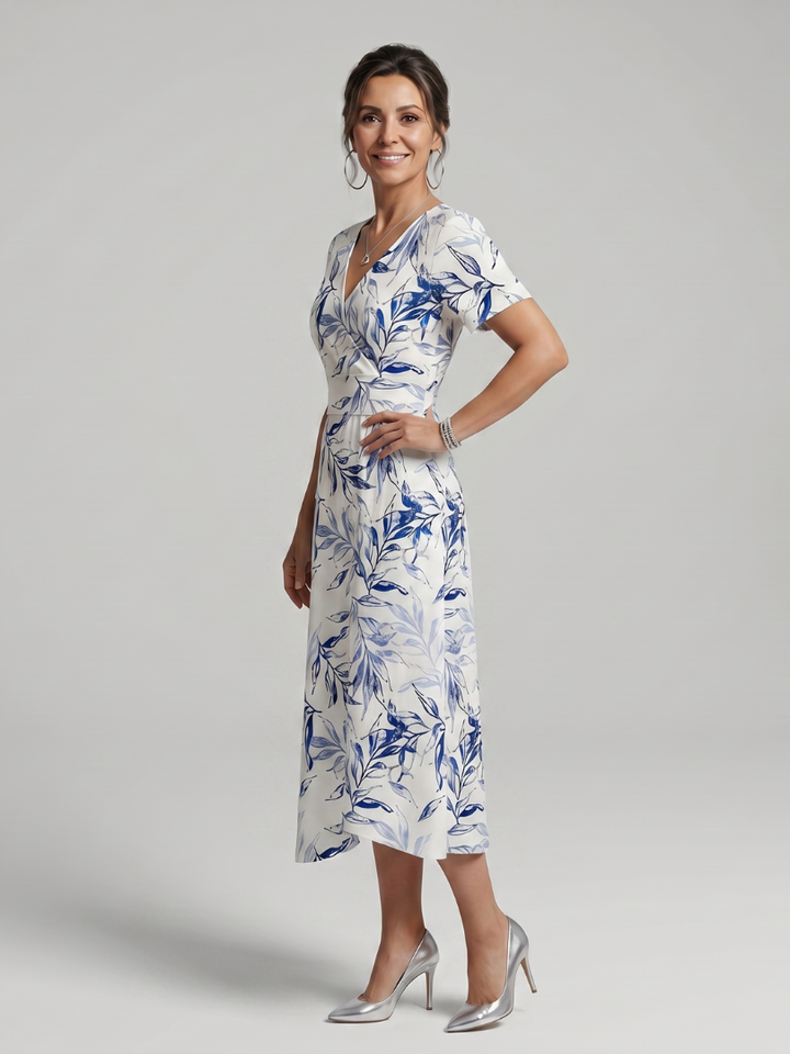 Kael | V Neck Soft Botanical Print Midi Dress