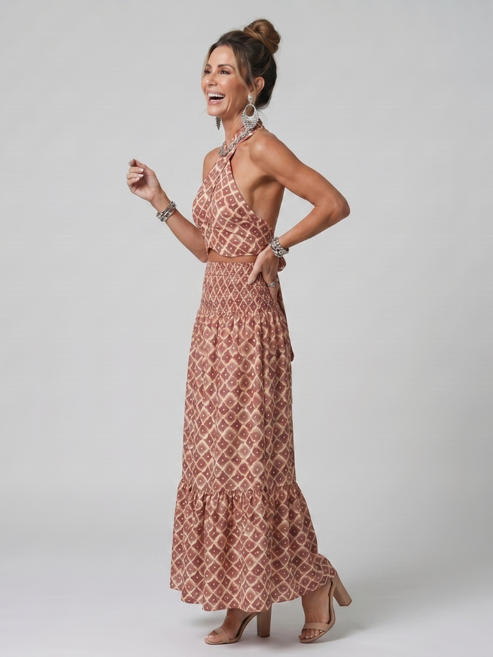 Olivia | Cross Halter Geometric Print Cutout Midi Dress