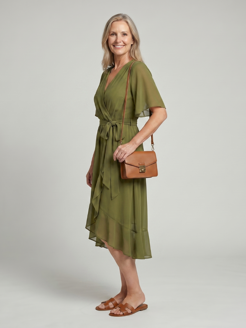 Keziah | Short Sleeve Wrap Soft Flowing Hem Midi Dress
