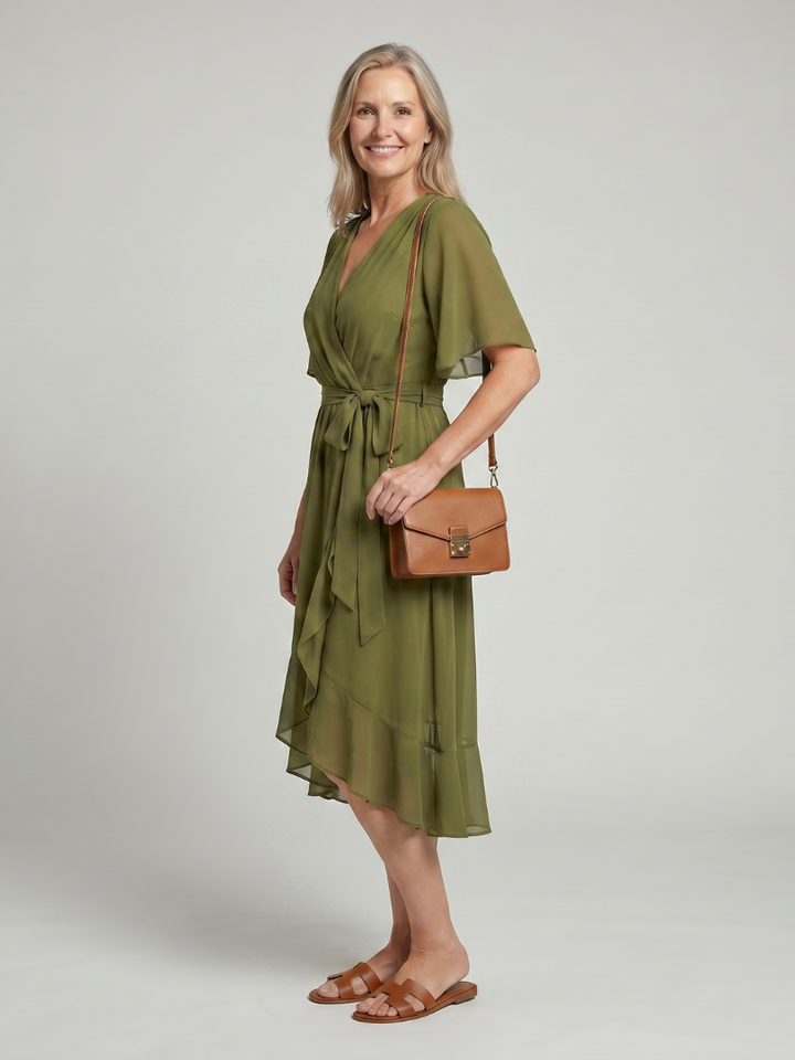 Keziah | Short Sleeve Wrap Soft Flowing Hem Midi Dress