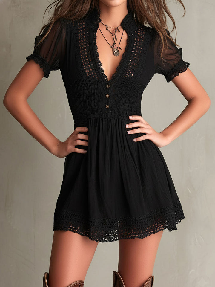 Classic Muse Smocked Lace-Trim Black Mini Dress