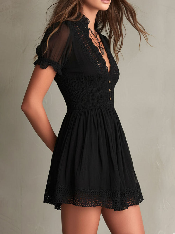 Classic Muse Smocked Lace-Trim Black Mini Dress