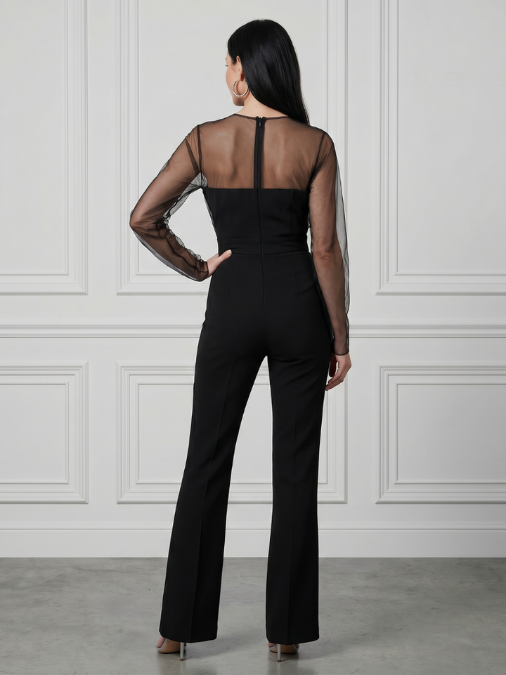 Oksana | Sheer Fitted Bodice Flared Leg Jumpsuit