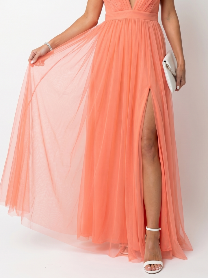 Tia | Deep V Strap Pleated Maxi Dress