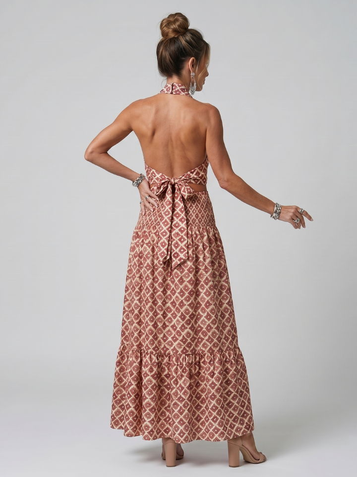 Olivia | Cross Halter Geometric Print Cutout Midi Dress