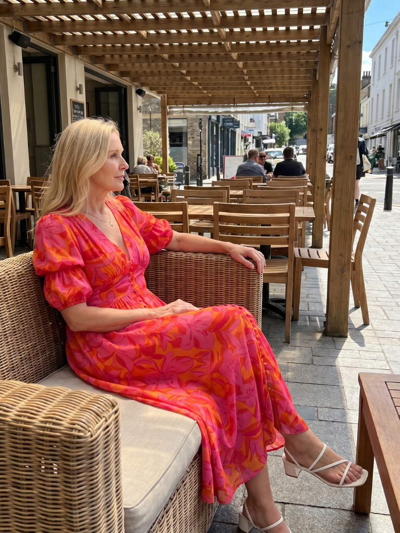Zarelle | Puff Sleeve V Neck Bold Floral Print Midi Dress