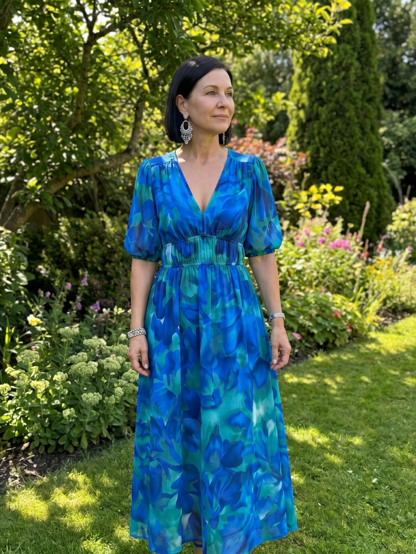Candlia | Puff Sleeve V Neck Abstract Print Midi Dress