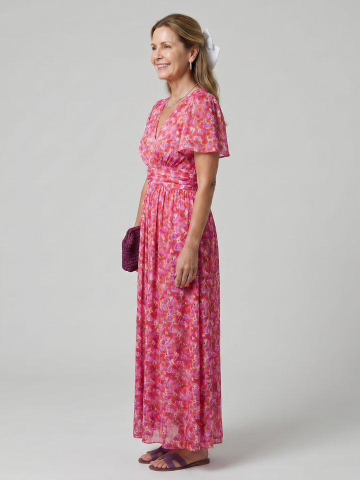 Juna | Short Sleeve Ditsy Floral Print Midi Dress