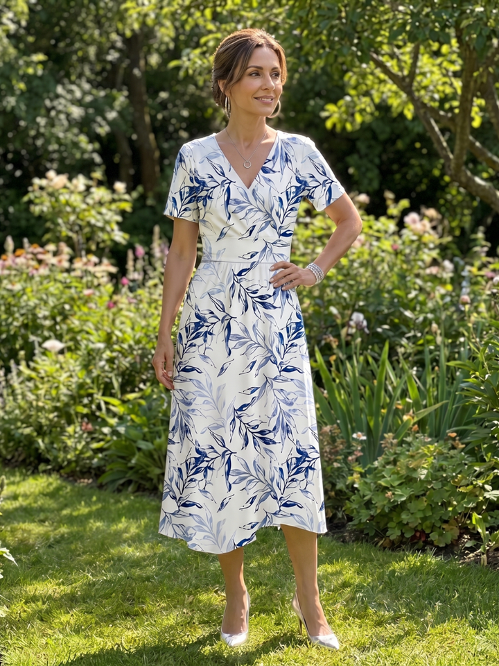 Kael | V Neck Soft Botanical Print Midi Dress
