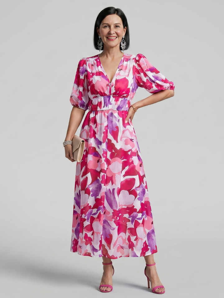 Candlia | Puff Sleeve V Neck Abstract Print Midi Dress