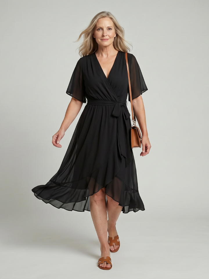Keziah | Short Sleeve Wrap Soft Flowing Hem Midi Dress