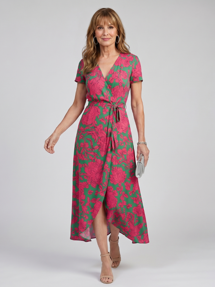 Priya | Short Sleeve Floral Wrap Midi Dress