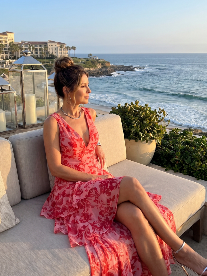 Gala | Deep V Sleeveless Painterly Pattern Midi Dress
