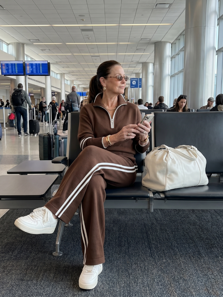 Rain | Zip Neck Long Sleeve Side Stripe Leg Pants Set