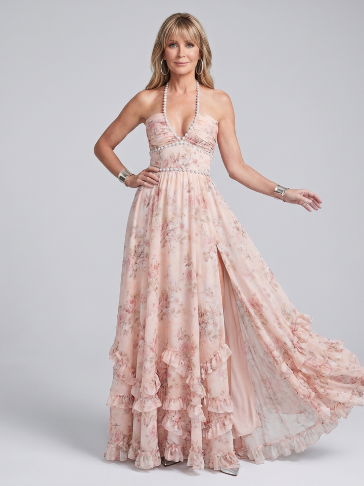Alessia | Halter Neck Floral Beaded Strap Maxi Dress