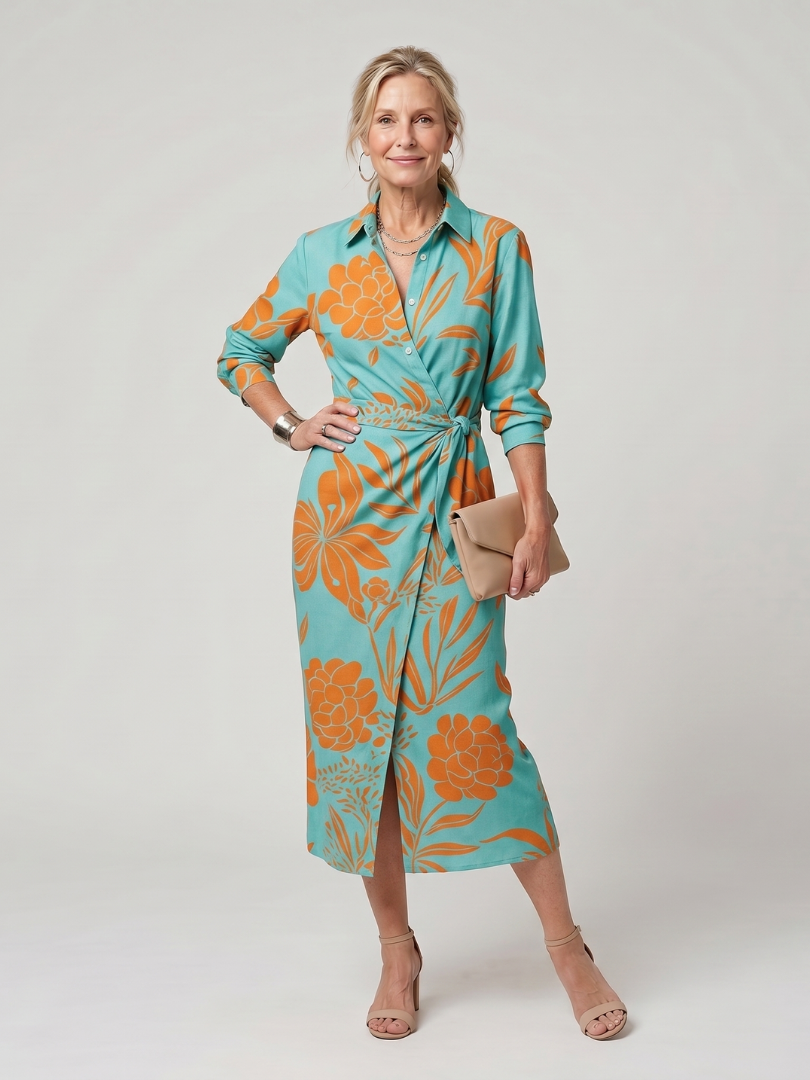 Leya | Long Sleeve Collared Wrap Stripe Pattern Midi Dress