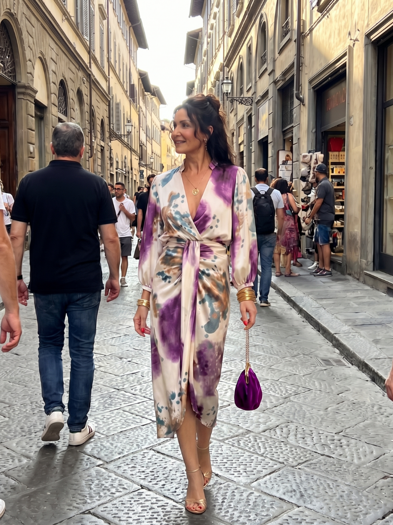 Valentina | Cross Wrap Tie Waist Printed Midi Dress