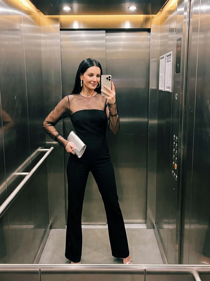 Oksana | Sheer Fitted Bodice Flared Leg Jumpsuit